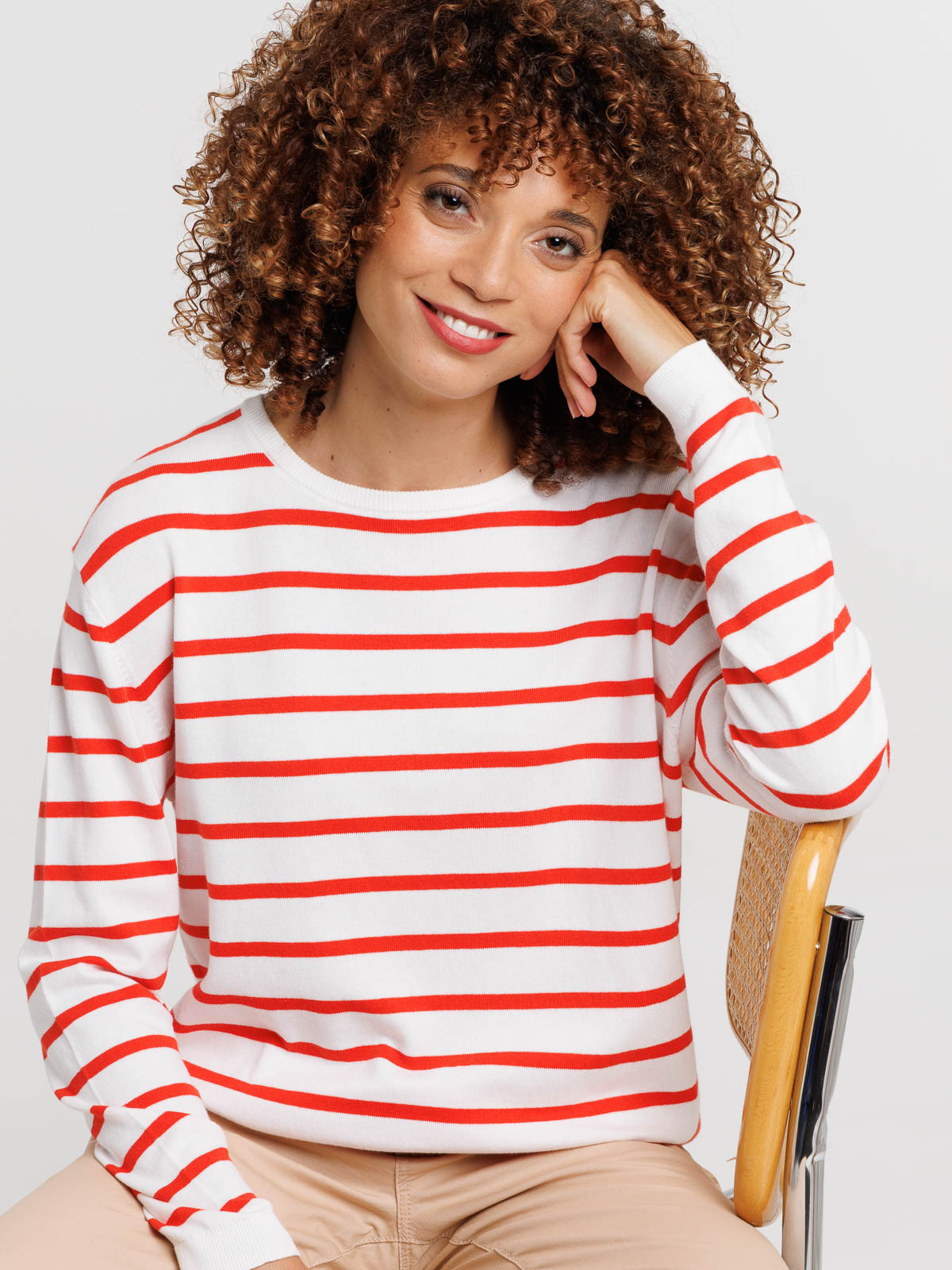 Pull col rond rayures rouges femme