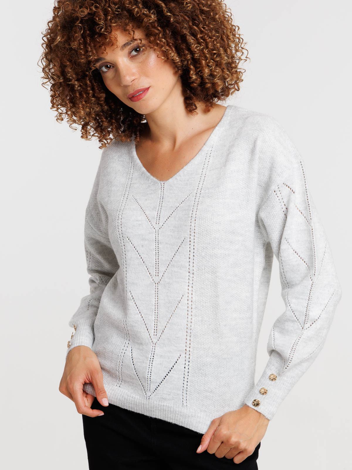 Pull col V gris chiné femme