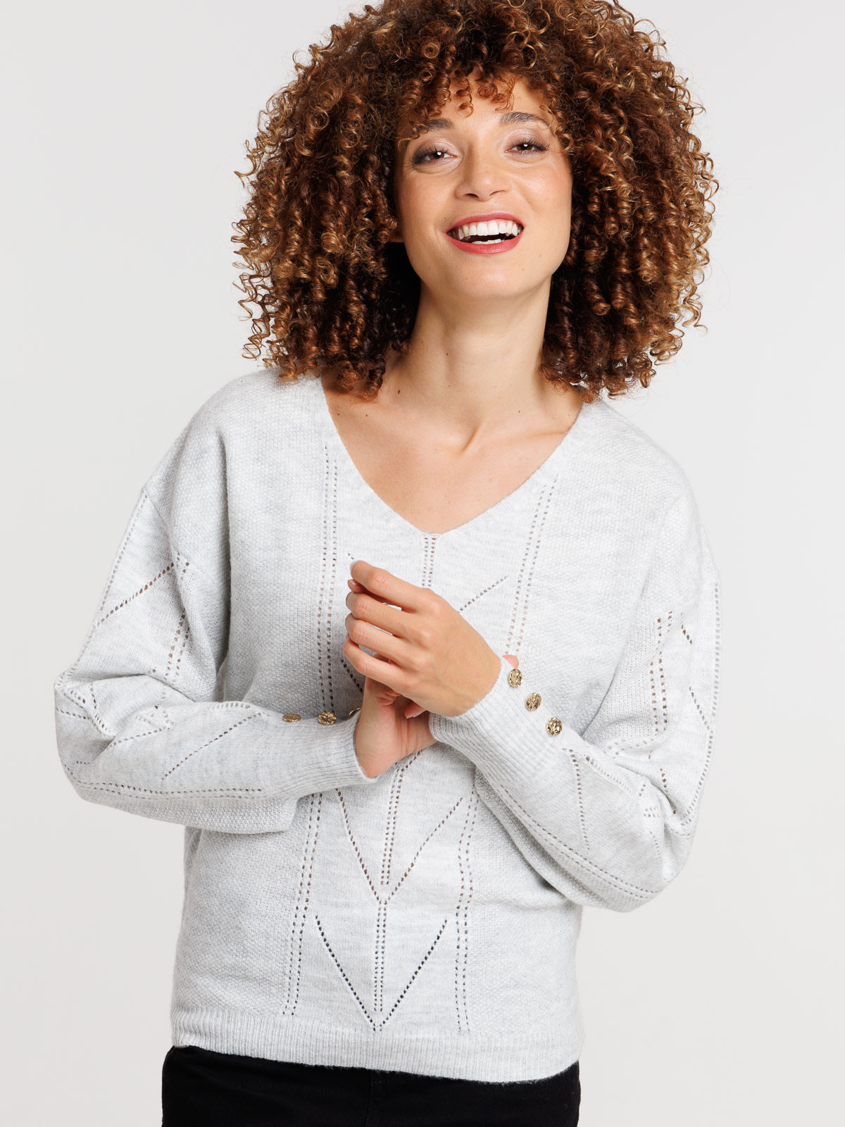Pull col V gris chiné femme