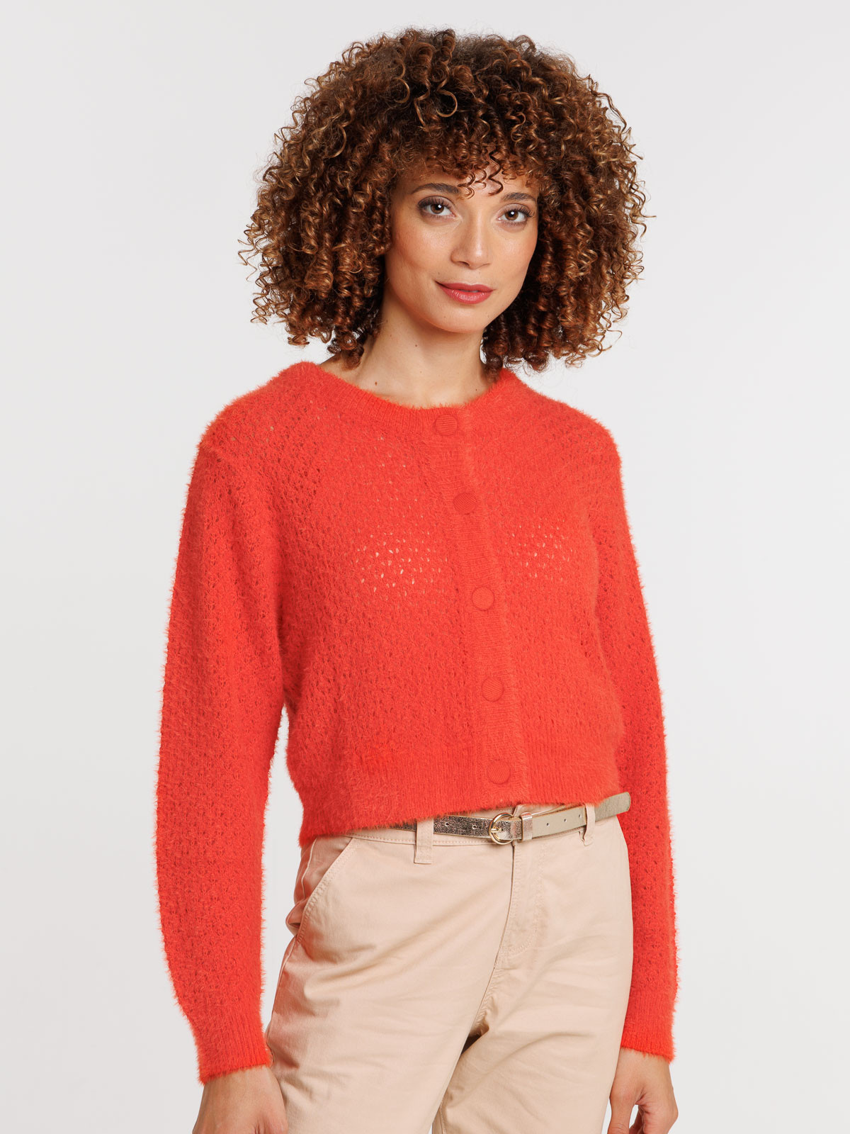 Gilet boutonné court rouge femme