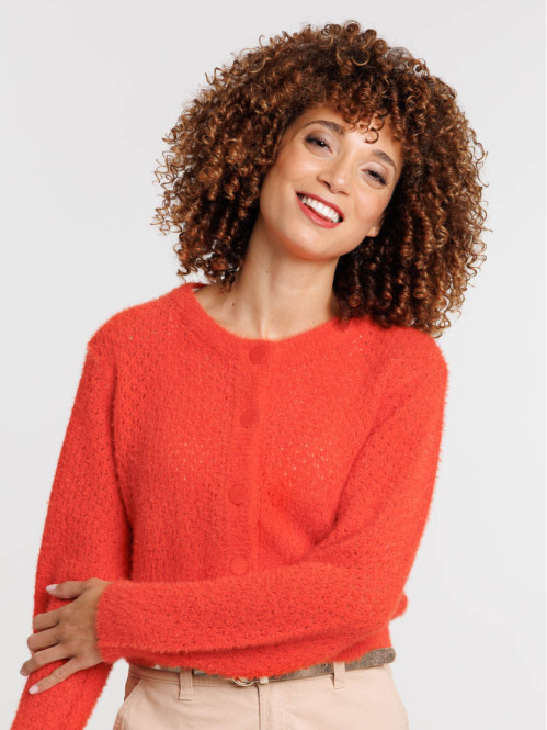 Gilet boutonné court rouge femme