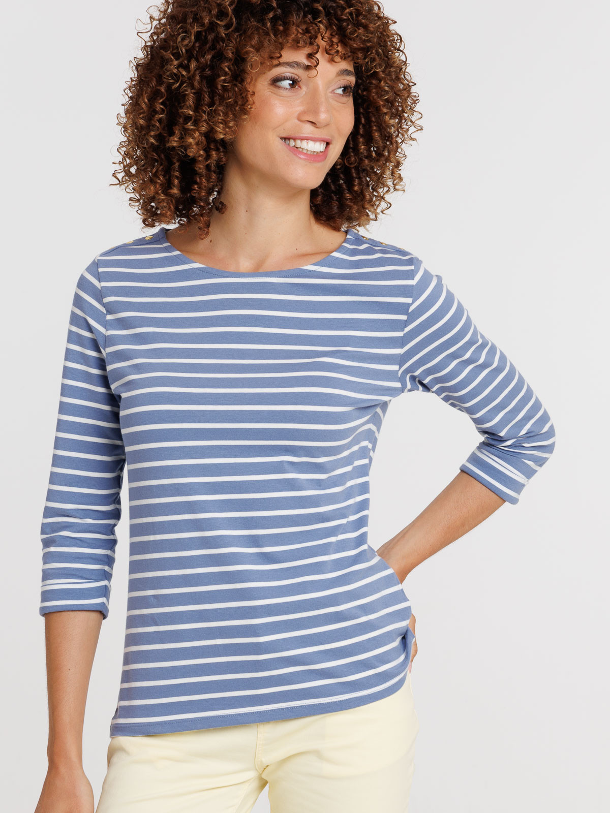 T-shirt bleu rayé écru femme