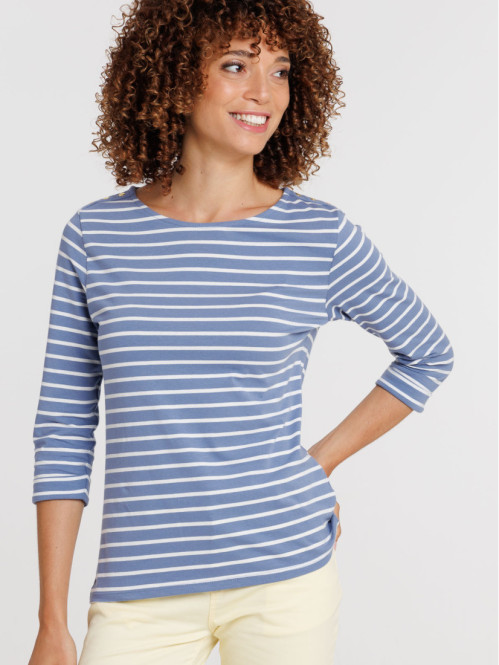 T-shirt bleu rayé écru femme