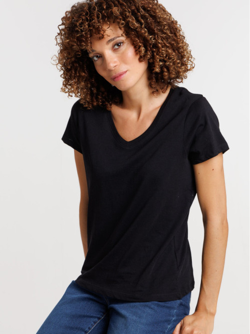Tee-shirt noir col V femme