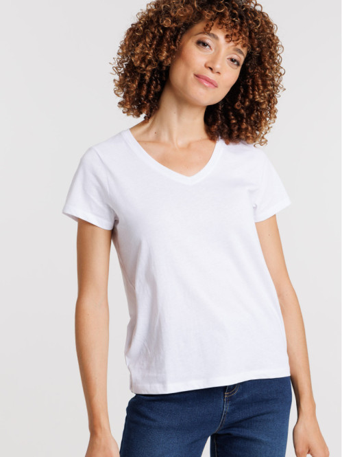 Tee-shirt blanc col V femme