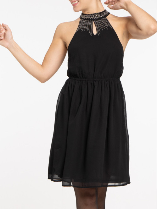 Robe noire encolure perlée femme