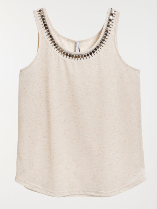 Débardeur beige lin col rond femme