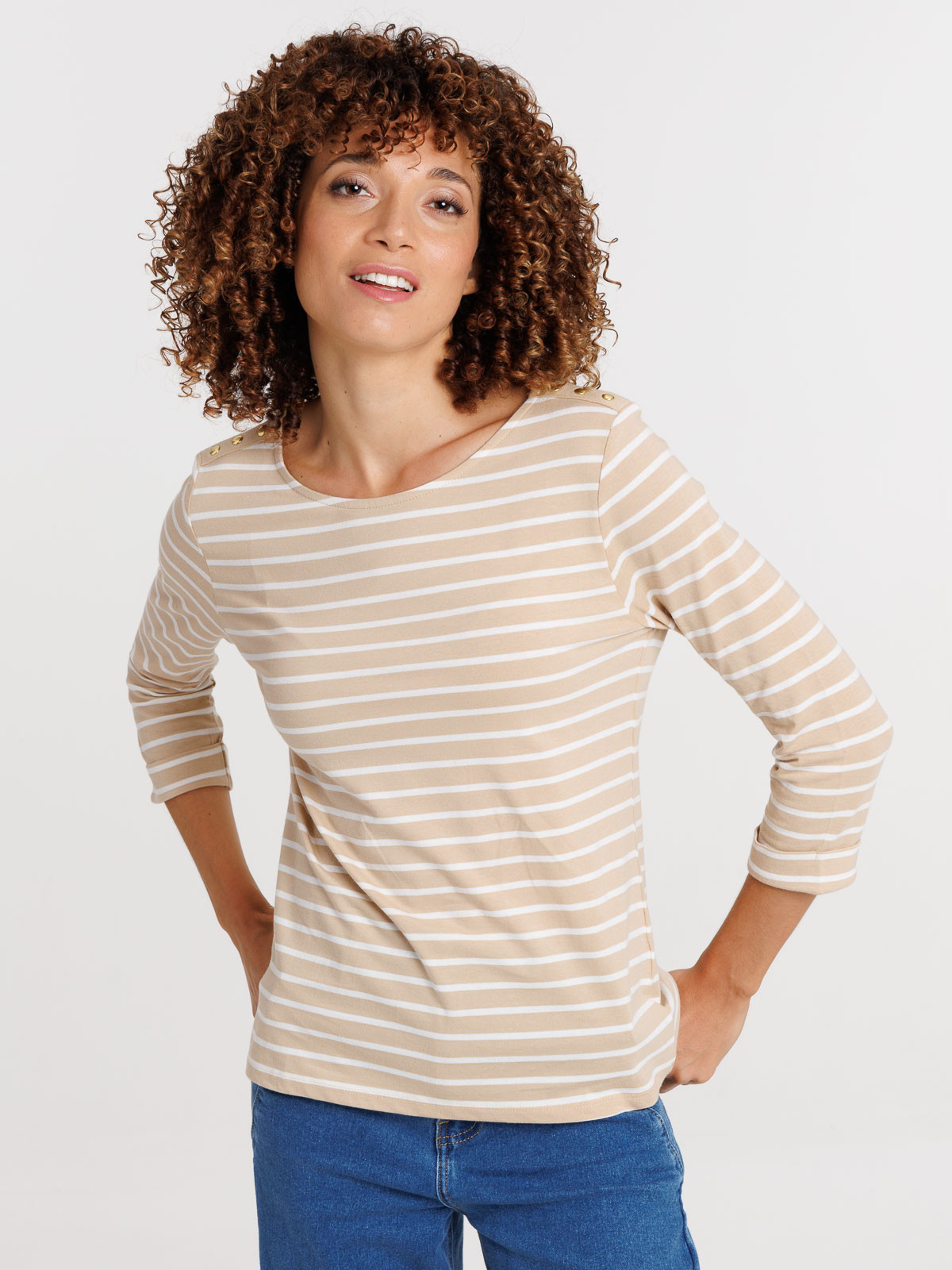 T-shirt beige rayé écru femme