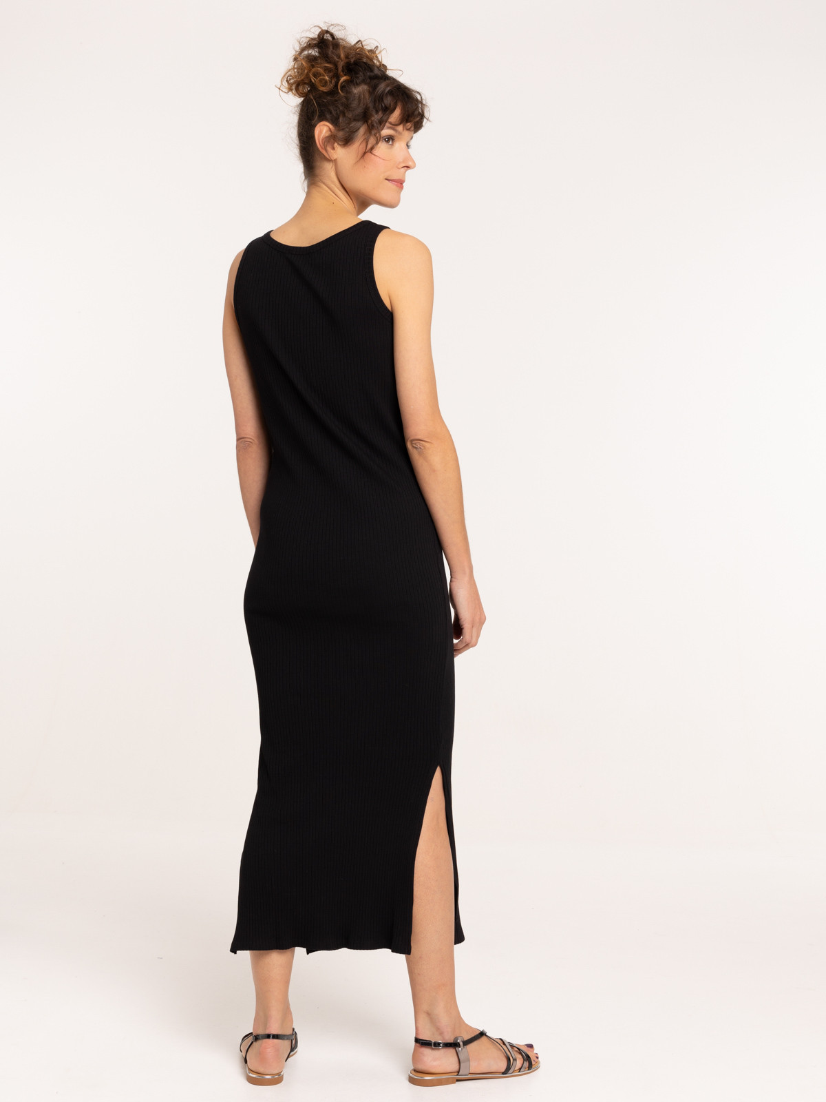 Robe longue côtelée noire femme