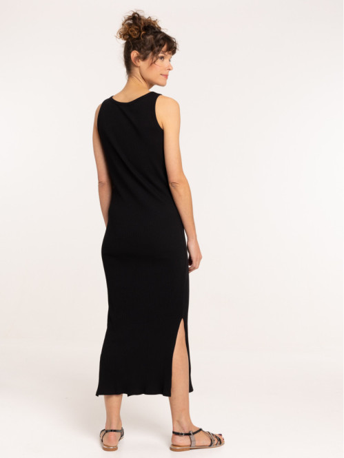Robe longue côtelée noire femme