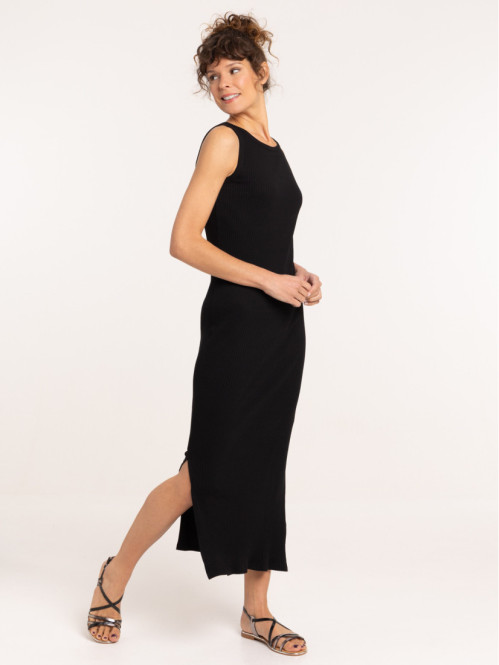 Robe longue côtelée noire femme