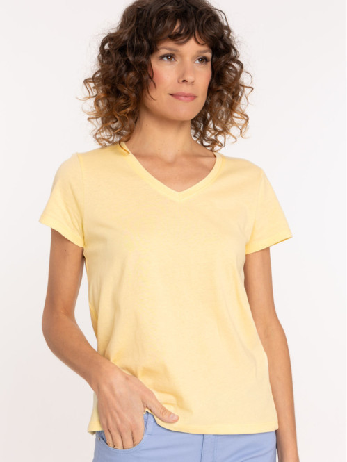 Tee-shirt femme col V jaune