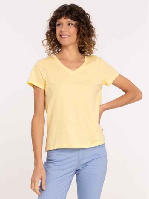 Tee-shirt femme col V jaune