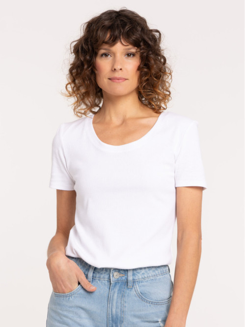 T-shirt blanc col rond côtelé femme T-shirt blanc col rond côtelé femme