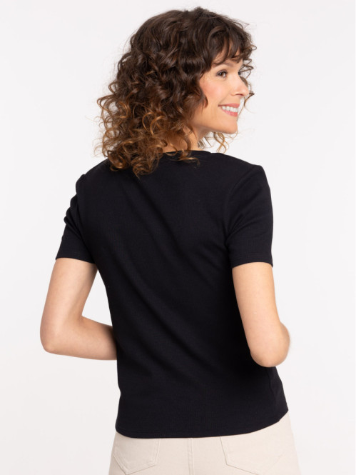 T-shirt noir col rond côtelé femme T-shirt noir col rond côtelé femme