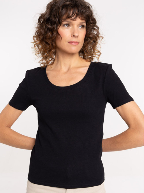 T-shirt noir col rond côtelé femme T-shirt noir col rond côtelé femme