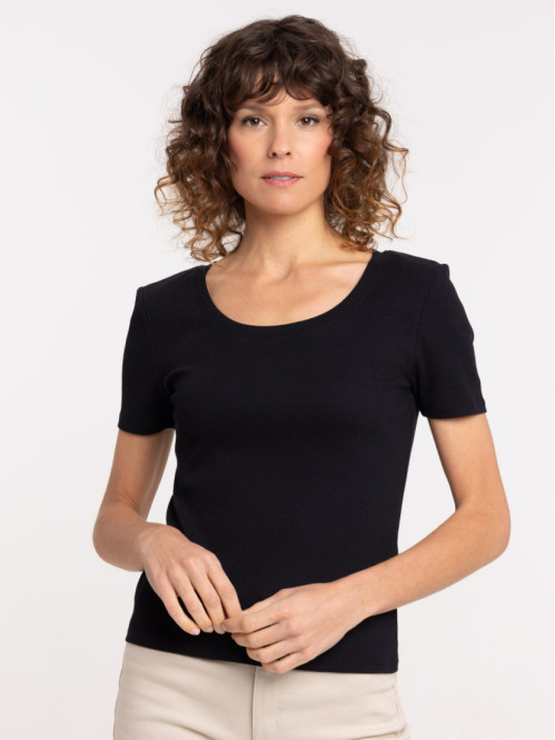 T-shirt noir col rond côtelé femme