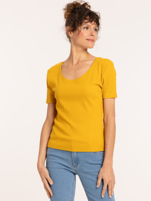 T-shirt col rond côtelé femme