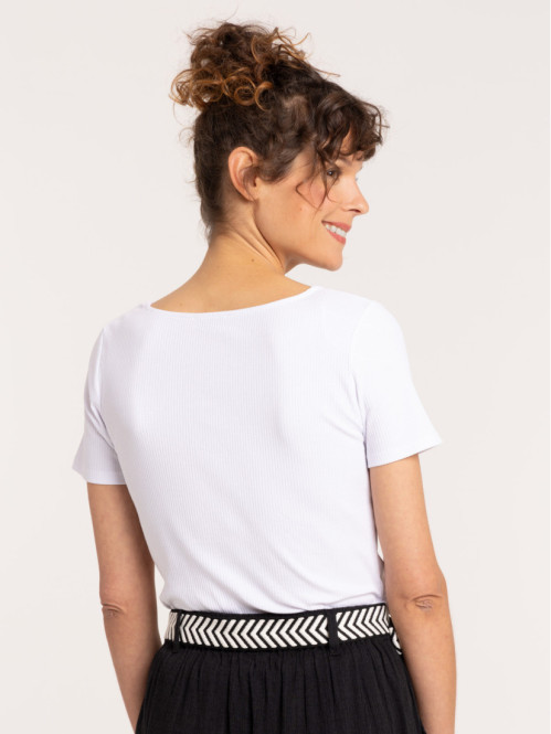 T-shirt blanc côtelé boutons femme