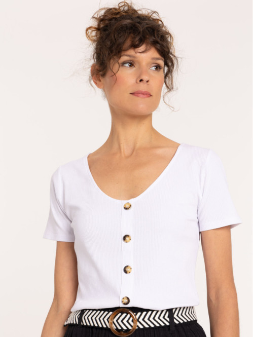 T-shirt blanc côtelé boutons femme