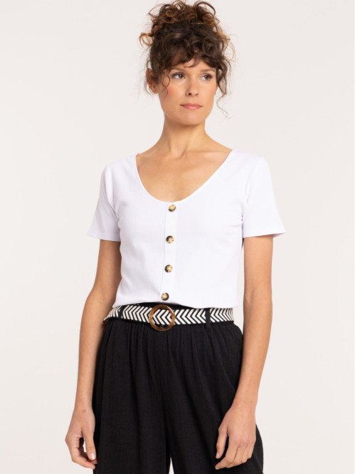 T-shirt blanc côtelé boutons femme