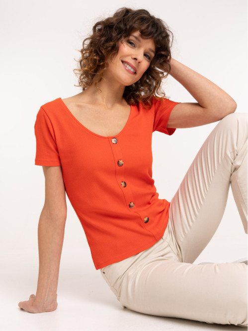 T-shirt côtelé boutons femme