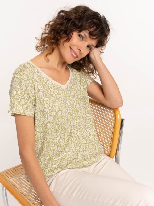 T-shirt col V imprimé fleuri femme