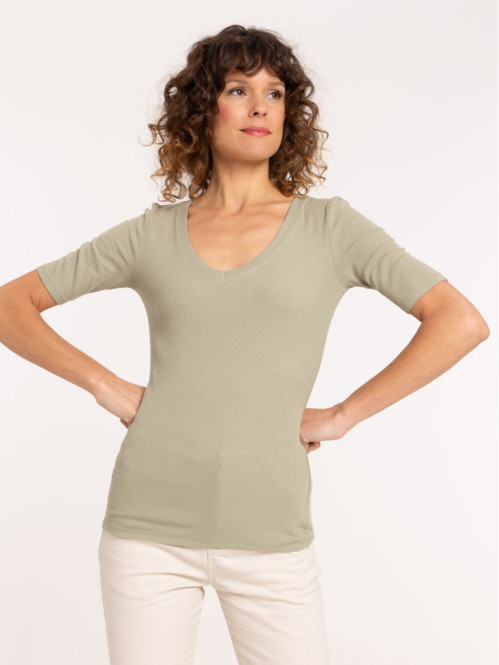 T-shirt côtelé col V femme