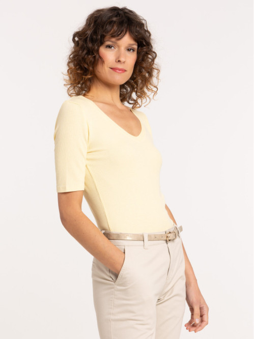 T-shirt col V côtelé femme