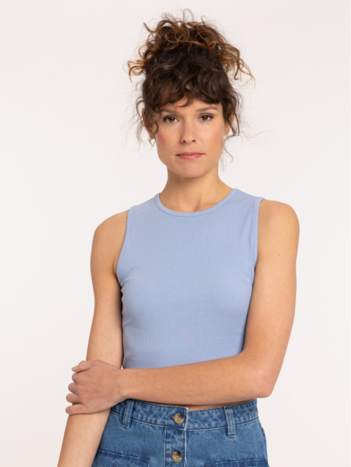 Débardeur bleu côtelé femme