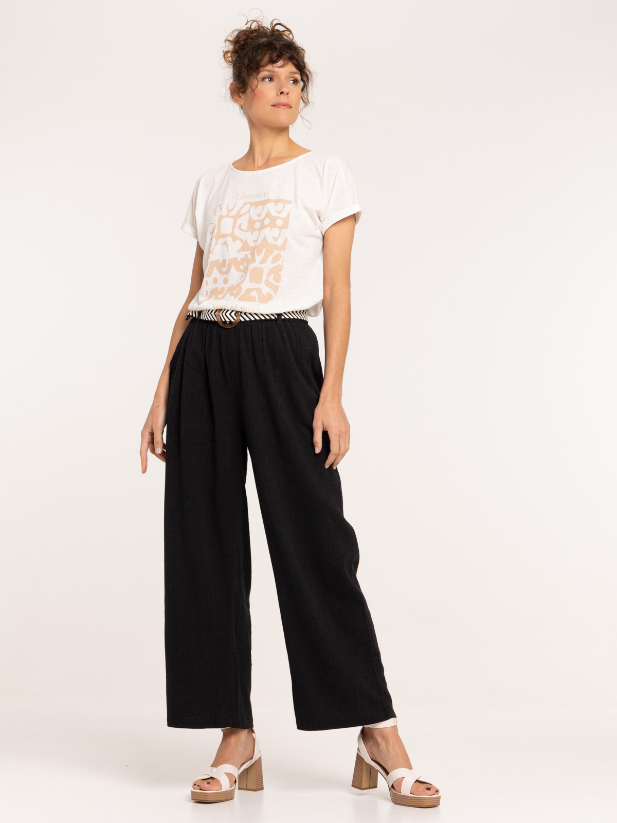 Pantalon noir large ceinturée femme