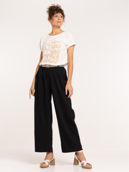 Pantalon noir large ceinturée femme