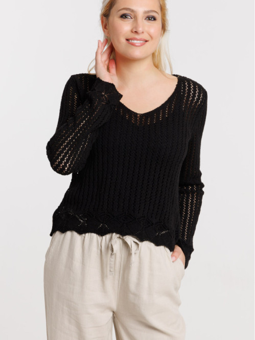 Pull crochet noir col V femme