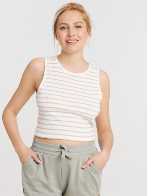 Débardeur rayé blanc/beige femme