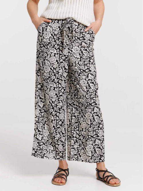 Pantalon noir large fleuri femme