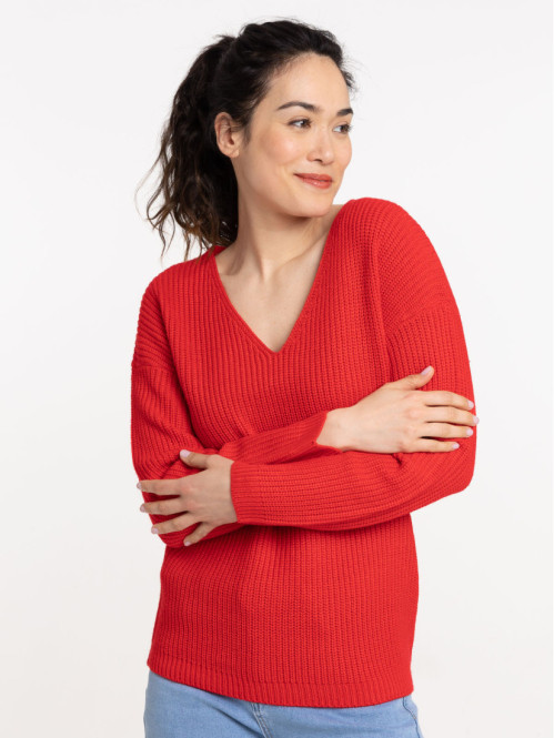 Pull col V femme rouge kiss