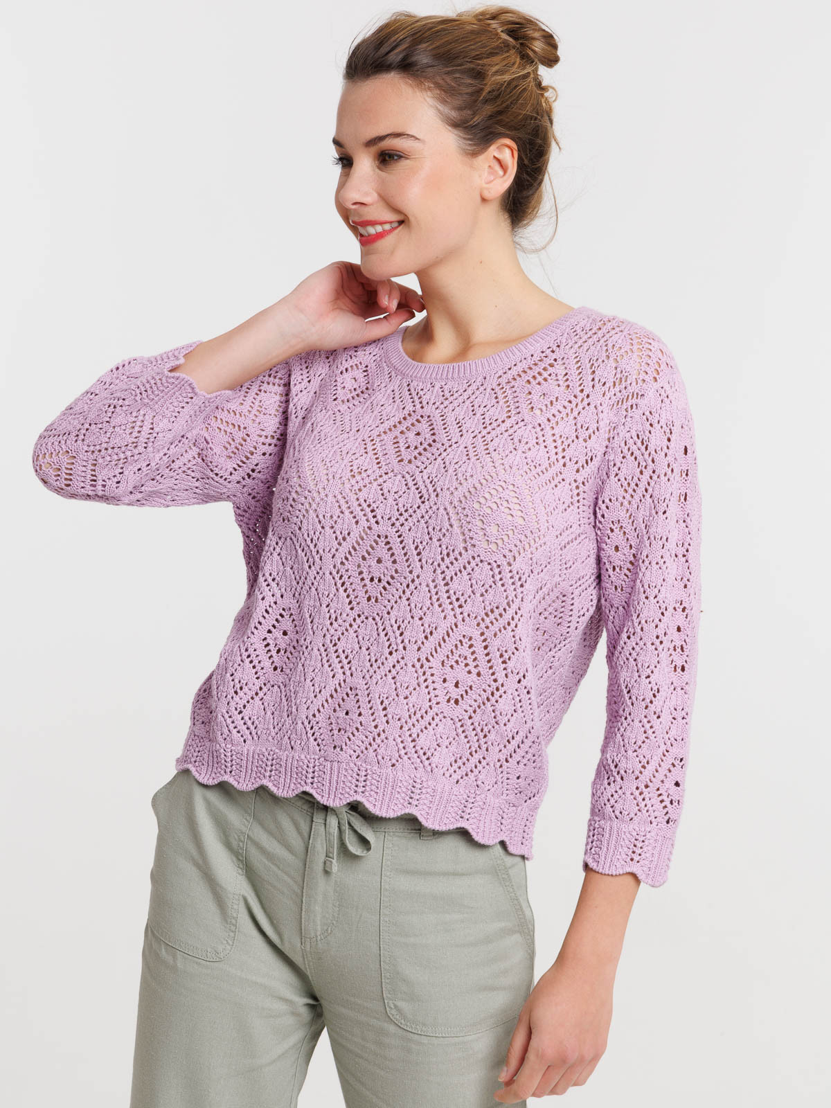 Pull ajouré col rond parme clair femme