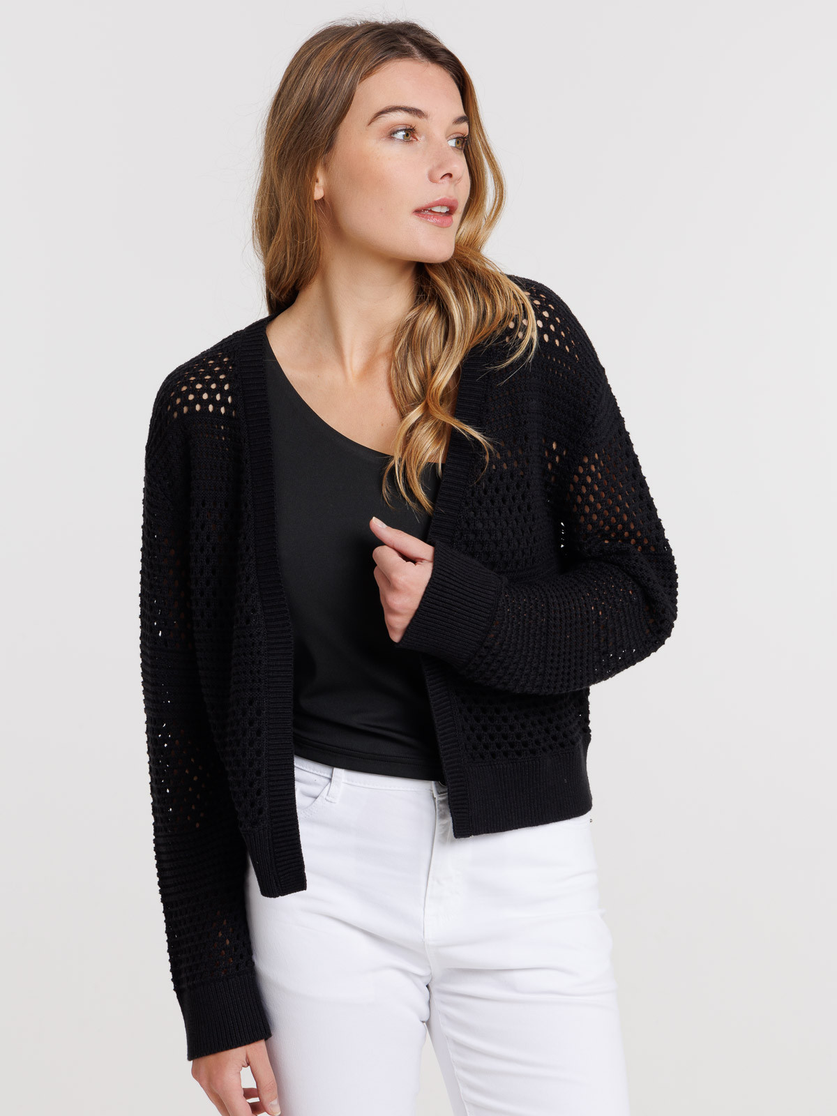 Gilet court ajouré noir femme