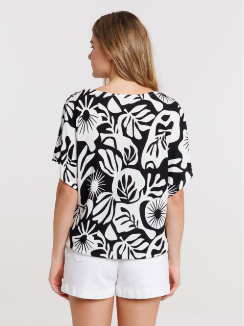 T-shirt motif végétal col V...