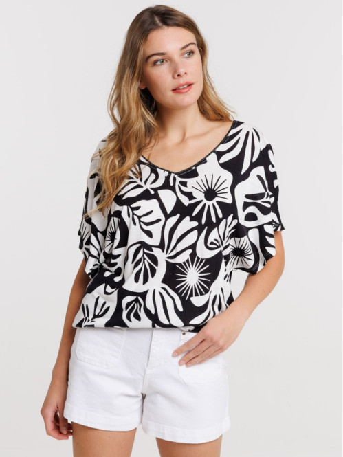 T-shirt motif végétal col V...