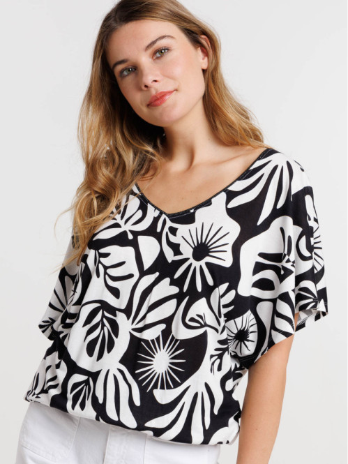 T-shirt motif végétal col V...