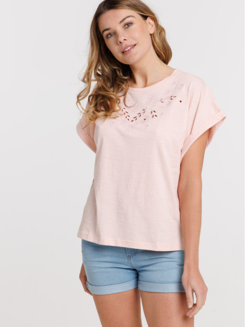 T-shirt motif végétal col V femme