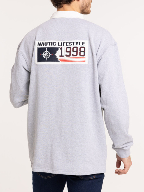Sweat col polo gris chiné homme