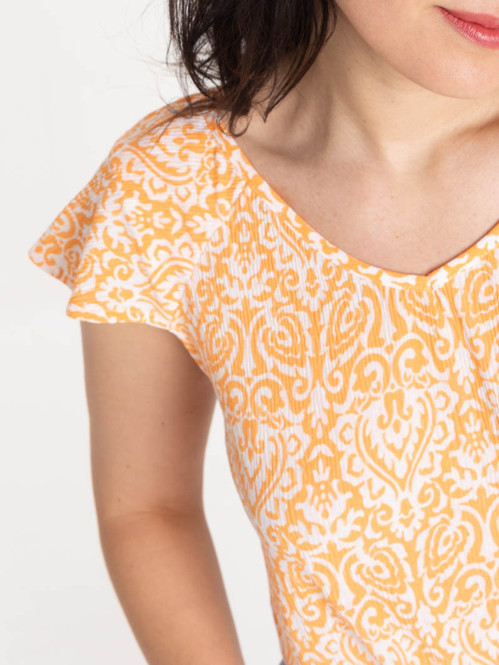 T-shirt col V imprimé orange peps femme