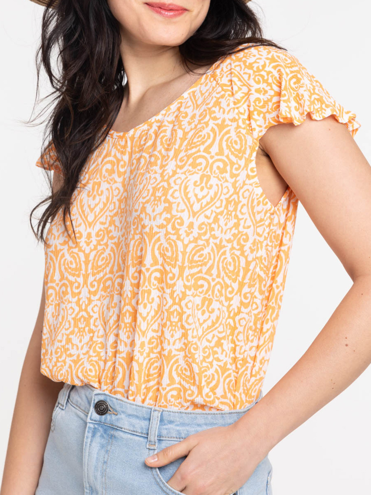 T-shirt col V imprimé orange peps femme