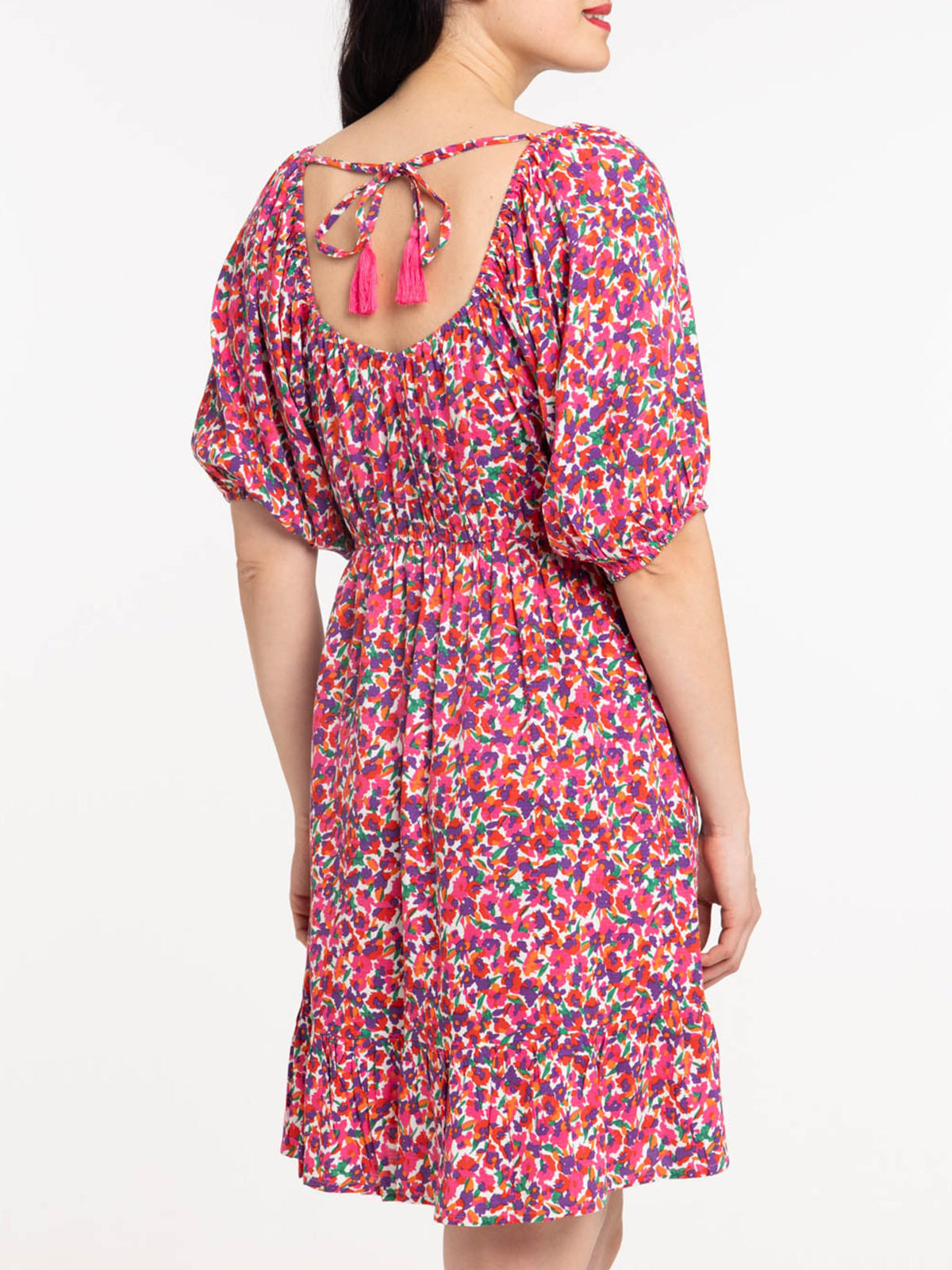 Robe fleurie liens pompons dos femme