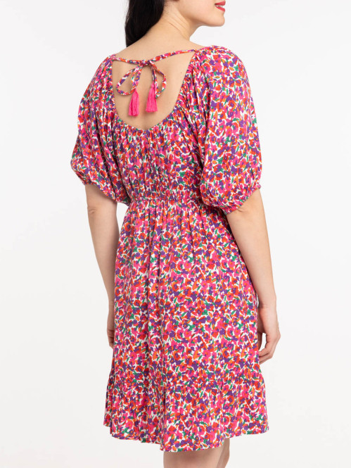 Robe fleurie liens pompons dos femme