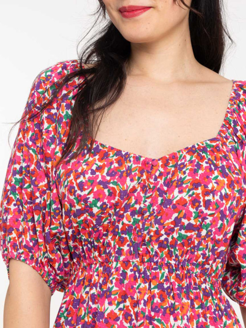 Robe fleurie liens pompons dos femme