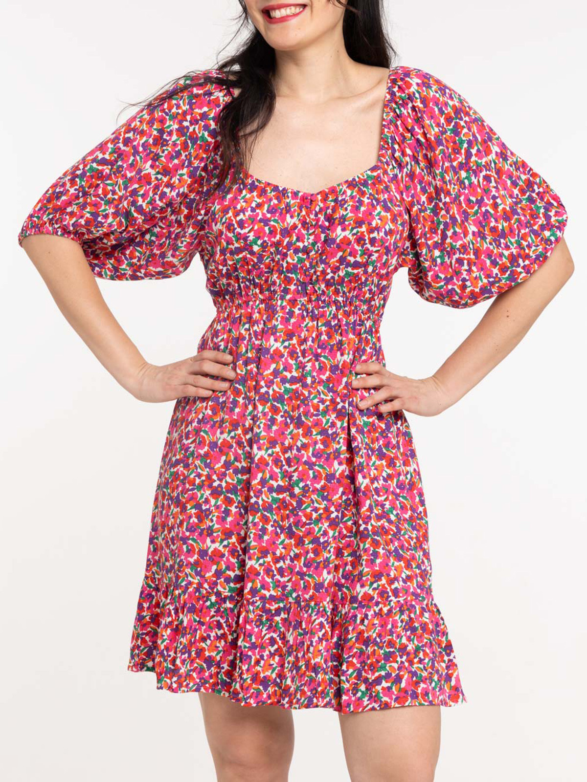 Robe fleurie liens pompons dos femme