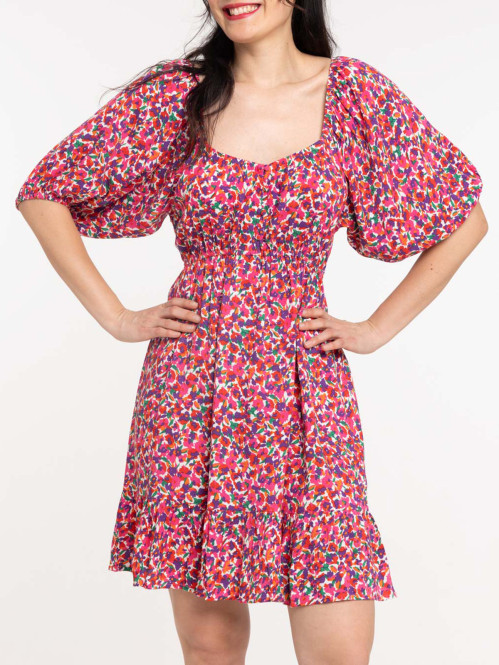 Robe fleurie liens pompons dos femme